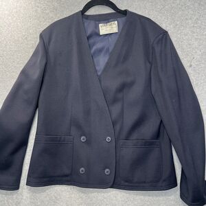 Vintage Jaeger Navy Blue Short Double Breasted Wool Blazer Jacket 14 to fit